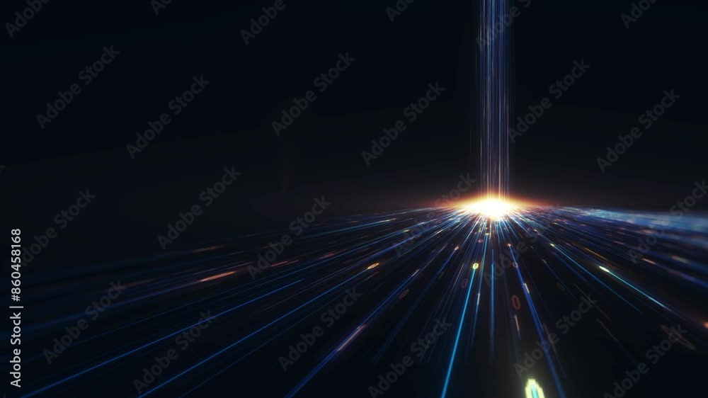Poster big data concept. abstract dark blue orange fast moving binary computer data. high speed motion, art