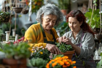 An elderly woman and a younger woman gardening together, focusing on a potted plant in a greenhouse filled with various plants.