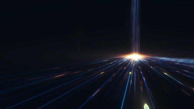 Big Data concept. abstract dark blue orange fast moving binary computer data. High speed motion, artificial intelligence, Technology, machine learning, big data, virtualizatio, futuristic, data flow