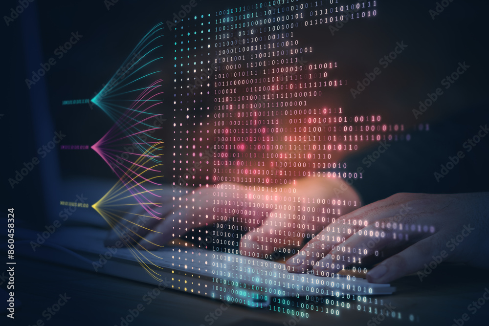 Poster close up of male hands using keyboard with creative big data lines on dark background. technology an