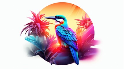 Fototapeta premium Capture a mesmerizing scene of a sleek, futuristic technology blending seamlessly with the vibrant colors of a tropical bird, illuminated by a soft, ethereal glow