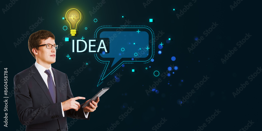 Poster attractive young european businessman using cellphone with creative speech bubble and light bulb on 