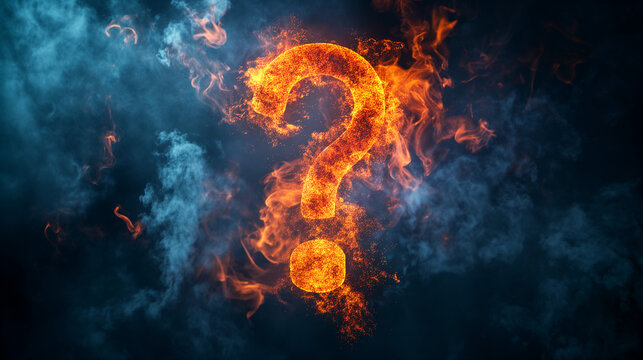 Fiery question mark burning in smoky darkness	