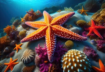 colorful starfish resting sandy rock underwater marine life scene, rocky, oceanic, vibrant, tropical, exotic, beautiful, natural, shellfish, bottom, bright
