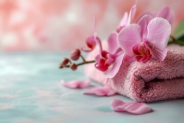 A pile of pink towels sitting on top of a table