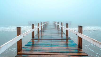 Misty Morning Pier with Wooden Planks Leading into the Fog. Generative AI	