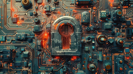 Digital Circuit Board with Keyhole and Glowing Elements