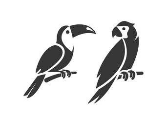 Fototapeta premium Minimalist Black And White Bird Icons Showcasing A Toucan And Parrot Perched On Branches, Vector Illustrations