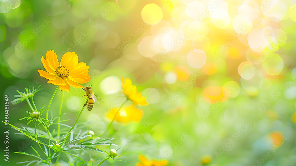 Poster view of honey bee and yellow cosmos flower on blurred green leaf background under sunlight with copy
