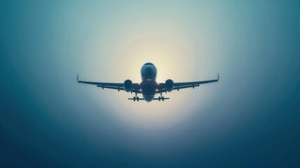 A minimalist silhouette of an airplane in flight against a clear blue sky. The image is sleek and modern, perfect for airlines or flight booking agencies. Generative AI