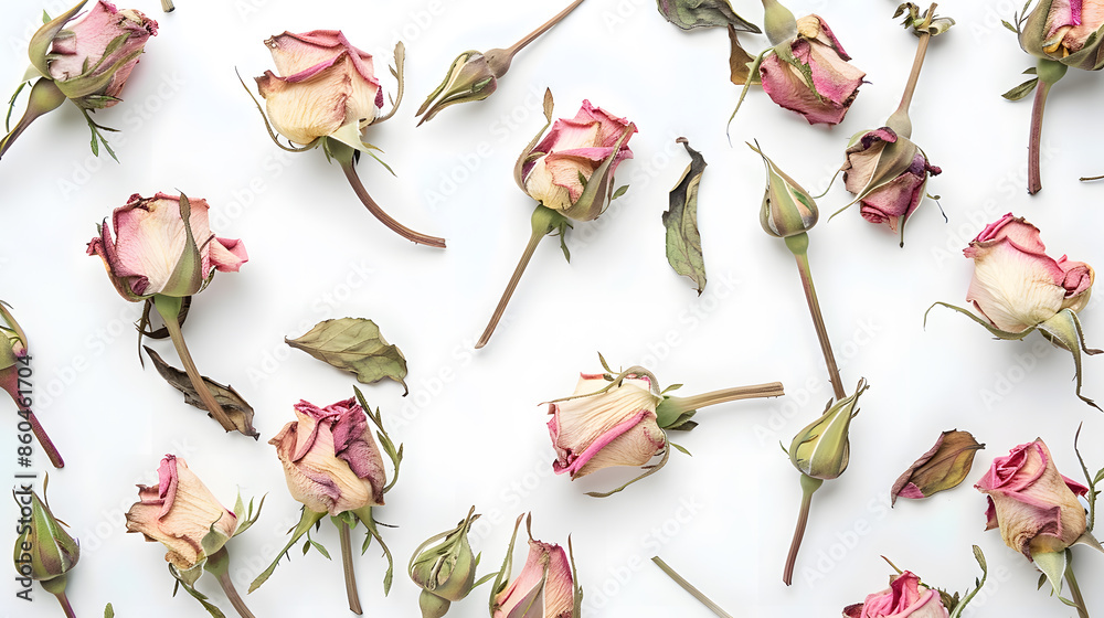 Poster flowers composition frame made of dried rose flowers on white background flat lay top view copy spac