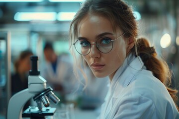 A young female scientist with glasses working with a microscope in a modern laboratory, focused on her research.