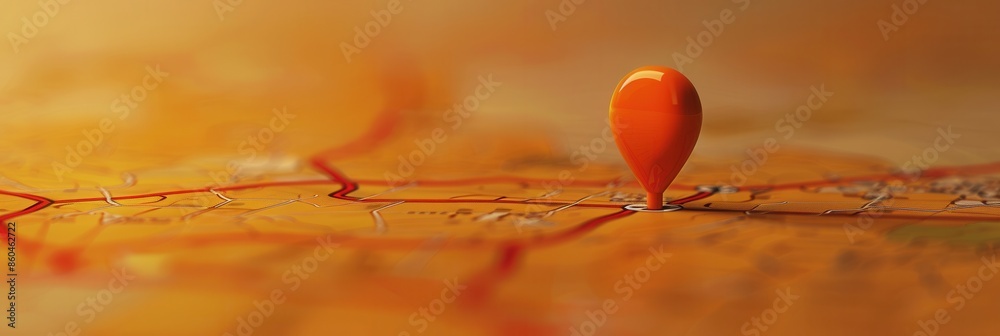 Leinwandbilder A close-up image of an orange location pin on a detailed map with a warm, blurred background. Generative AI