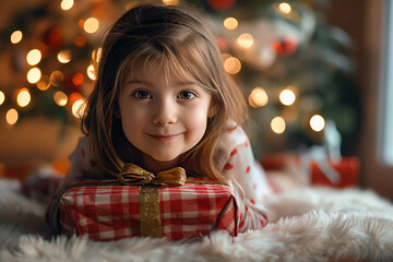 Cute 6 year old girl with a Christmas present. Christmas tree in the background. New Year's mood, Christmas mood. Space for copying.