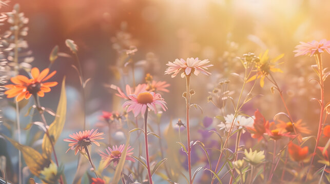 meadow flowers in early sunny fresh morning Vintage autumn landscape background colorful beautiful fall flowers magical : Generative AI