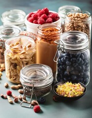 Jar of grains and dry fruit,berry ,raspberry,nut ,ingredients for cooking healthy food