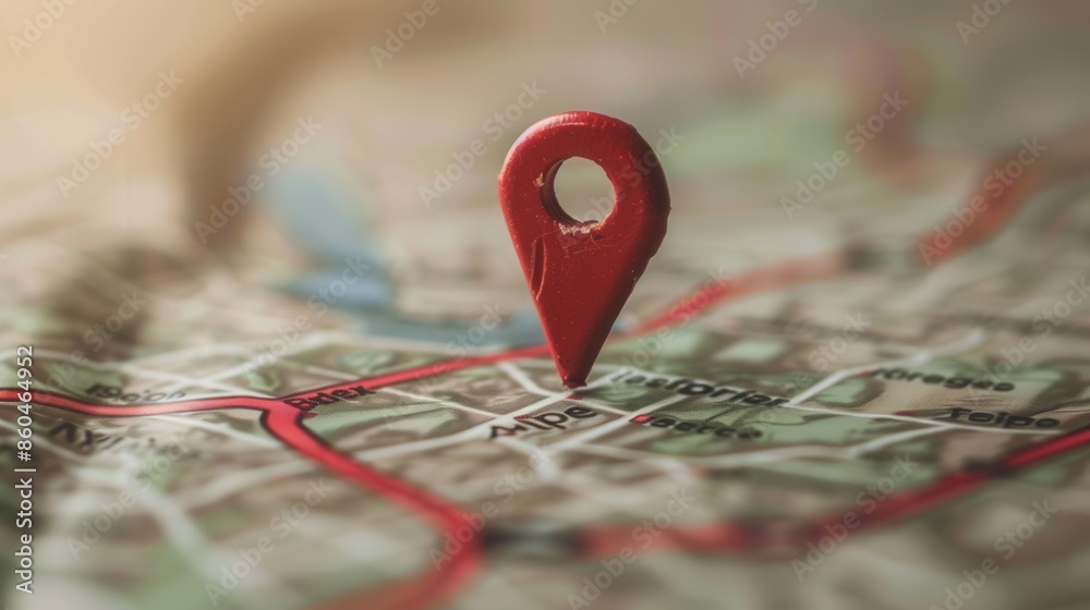 Fototapete a red location pin stands out against a detailed map, showcasing the concept of navigation and explo