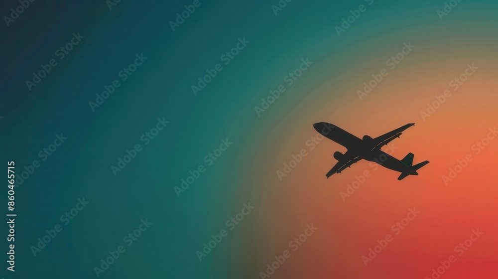 Poster a minimalistic silhouette of an airplane in flight against a vibrant gradient sky. generative ai