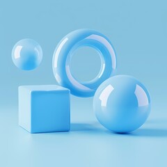 D render of three abstract shapes in the color blue floating on an isolated background