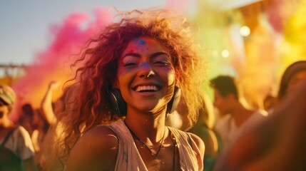 Beautiful young woman having fun at colourful music festival. Happy girl enjoying herself and dancing. Summer holiday, vacation concept.