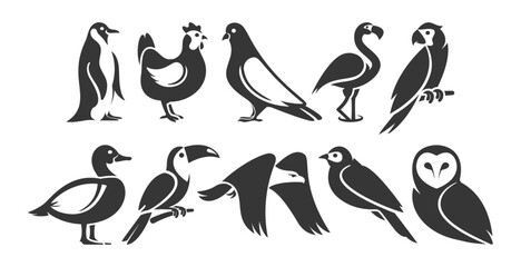 Set Of Various Bird Icons Featuring Negative Space. Includes Stylized Images Of Penguins, Chickens, Parrots And Flamingo