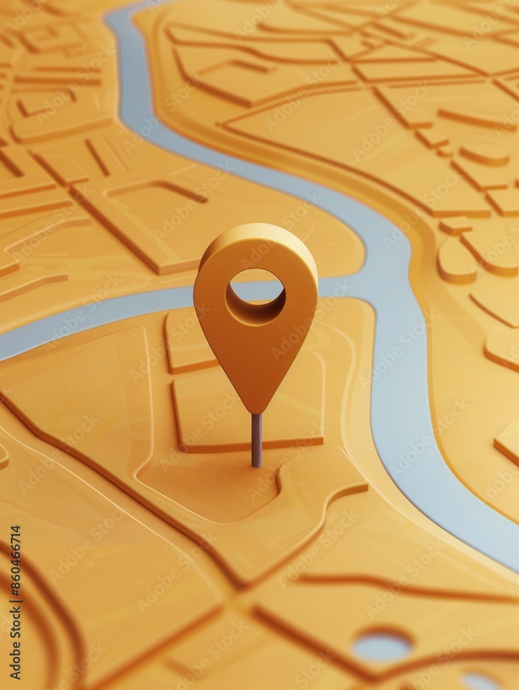 Poster A clean, minimal image of a location pin on a detailed map. The pin is yellow, and the map features a blue river flowing through the landscape. Generative AI