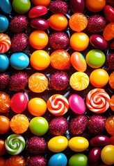 Fototapeta premium vibrant candy showcase colorful sweets arrangement sweet tooth delight, display, confectionery, rainbow, assortment, treats, desserts, sugary, lollipops