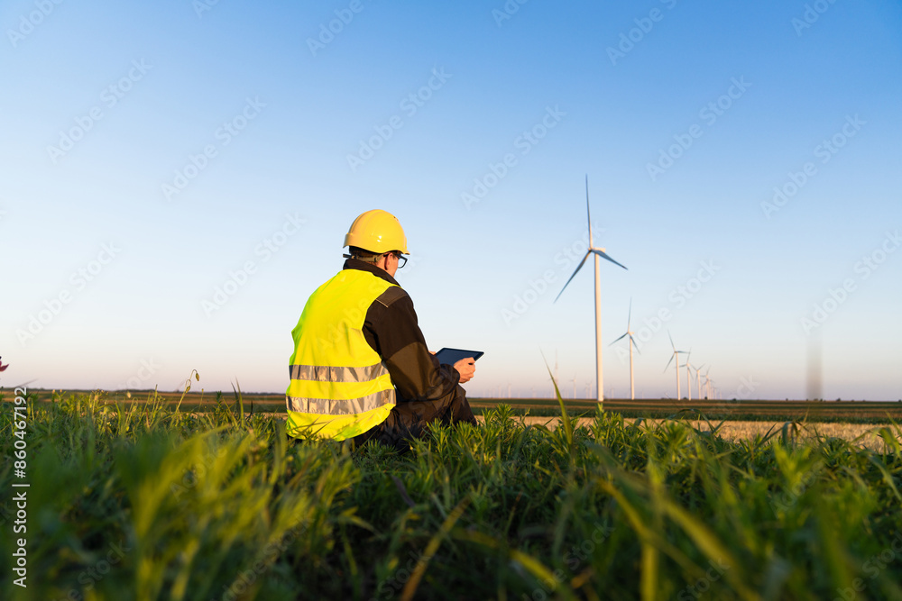 Aufkleber worker with digital tablet sits on the grass and looks at wind turbines.