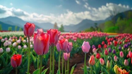 Fototapeta premium colorful Tulips flowers in field background