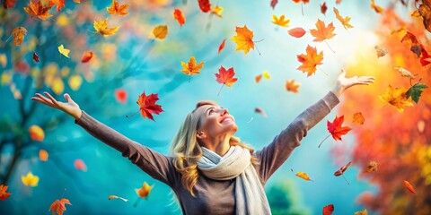 A cheerful woman enjoys a beautiful autumn day, standing amidst falling leaves with outstretched arms, smiling and embracing the vibrant colors and crisp air. 