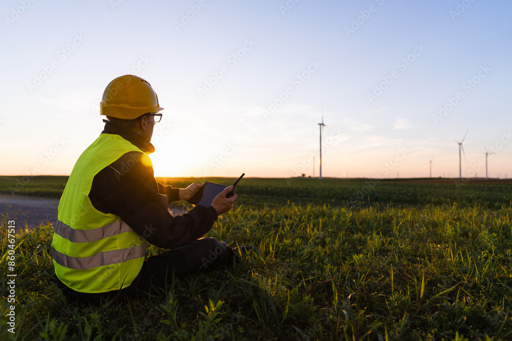 Aufkleber worker with digital tablet sits on the grass and looks at wind turbines.