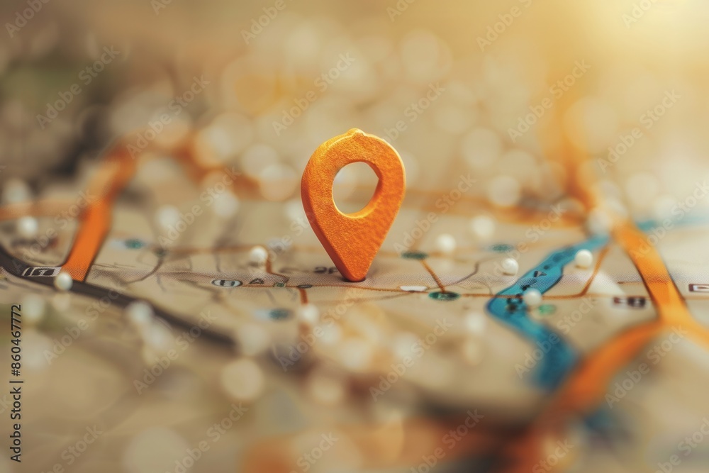 Fototapete a close-up image of an orange location pin placed on a paper map. the map features detailed roads, r