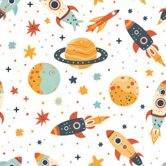 Cute Seamless Pattern with Moon and Rockets