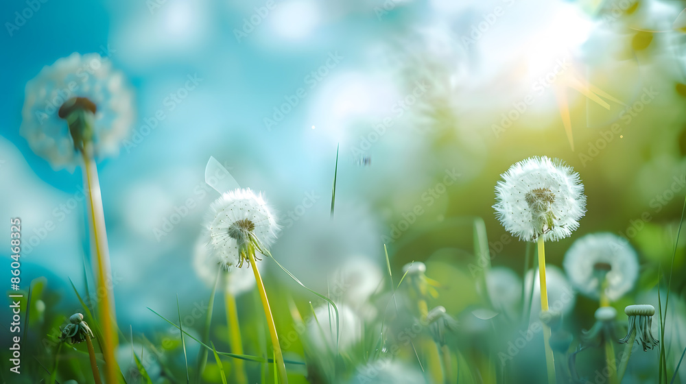 Aufkleber beautiful bright natural image of fresh grass spring meadow with dandelions with blurred background 