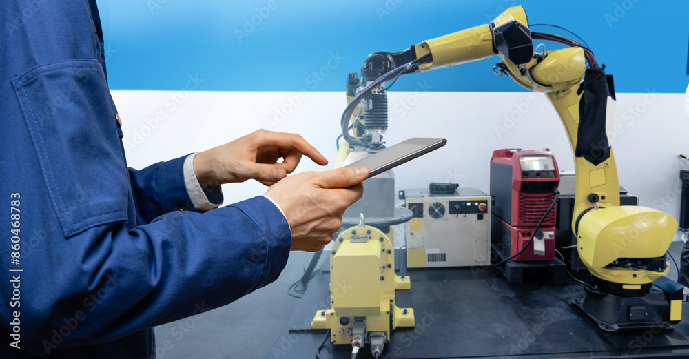 Poster Engineer uses a digital tablet to control robots in a smart factory. Smart industry 4.0 concept.