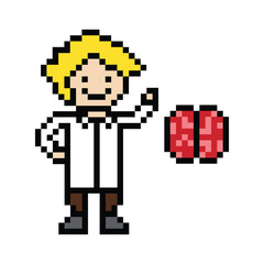 Cute pixel cartoon 8bit character man doctor or scientist game care vector for decoration pharmacist male doctor in hospital 8 bit male pixel art vector.