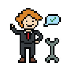 Cute pixel cartoon 8bit character business man businessman smart game vector for decoration business 8 bit male career smart character game vector.