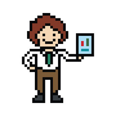Obraz premium Cute pixel cartoon 8bit character business man businessman smart game vector for decoration business 8 bit male career smart character game vector.