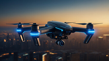 Modern black drone Flying