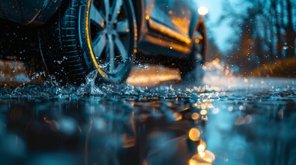 Rainy day car splashing water on the road, car wheels close-up. A close-up of raindrops and puddles in the background is blurred on a stormy night.