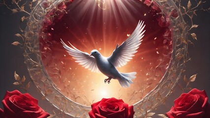 Fototapeta premium the centerpiece is a silver silhouette of a dove in flight, enveloped in subtle light. emphasis in the foreground on vibrant Chiaroscuro lighting with shiny red roses 