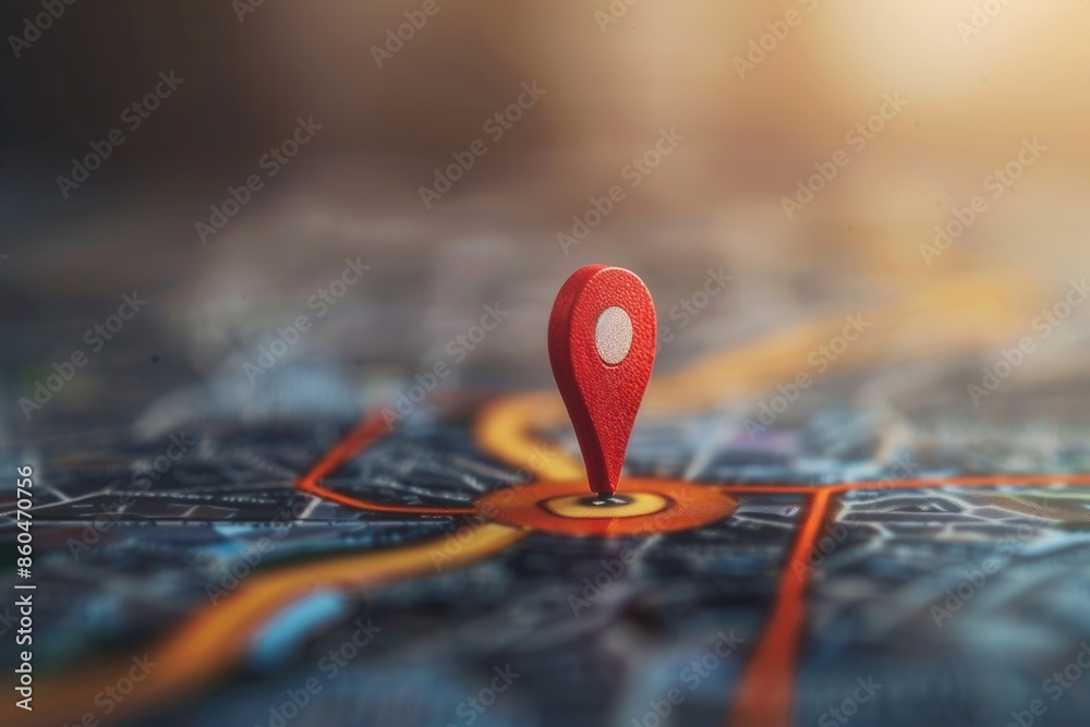 Aufkleber A close-up shot of a red location pin on a modern city map. The background is blurred and features a soft, golden light, creating a minimalistic and sleek aesthetic. Generative AI