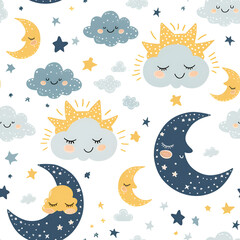 Cute Seamless Pattern with Moon, Stars, and Clouds