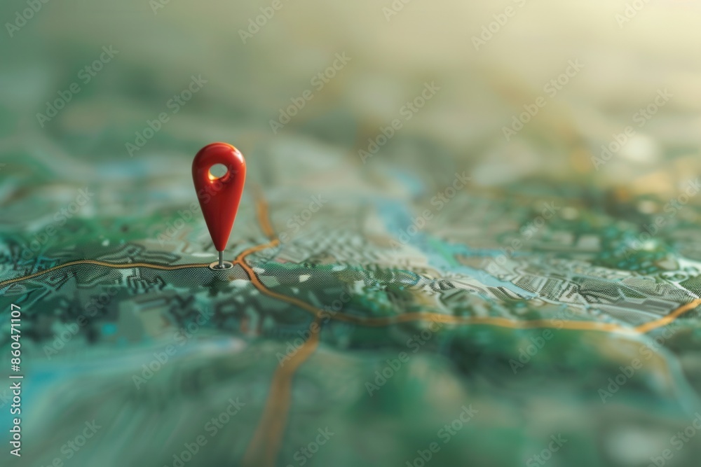 Poster a minimalist image of a red location pin placed on a green map with a blurred background showing a r