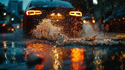 Rainy day car splashing water on the road, car wheels close-up. A close-up of raindrops and puddles in the background is blurred on a stormy night.