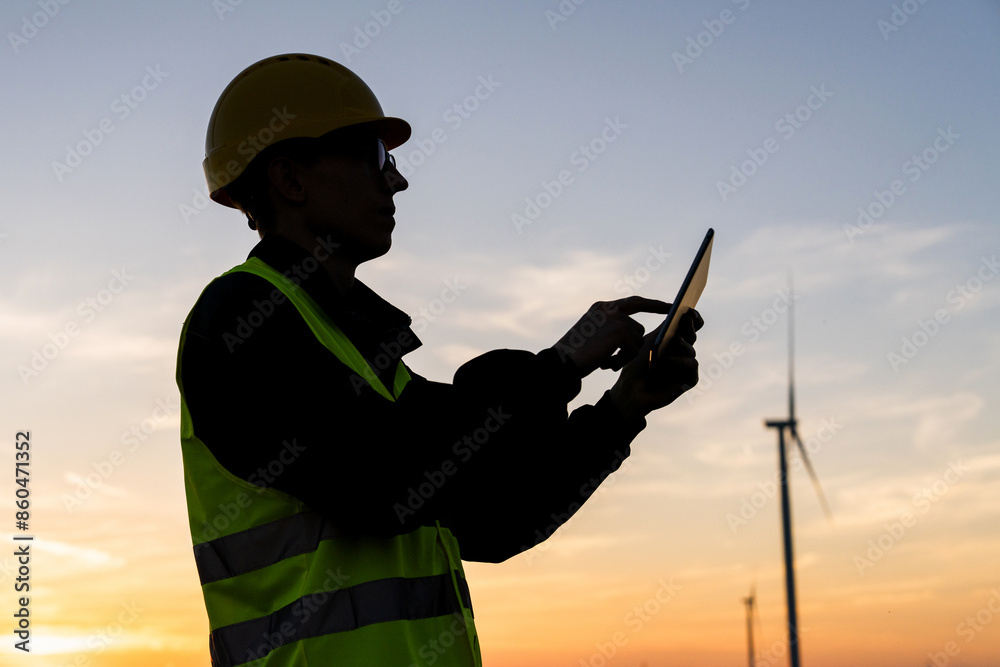 Aufkleber engineer with digital tablet works on a field of wind turbines at sunset