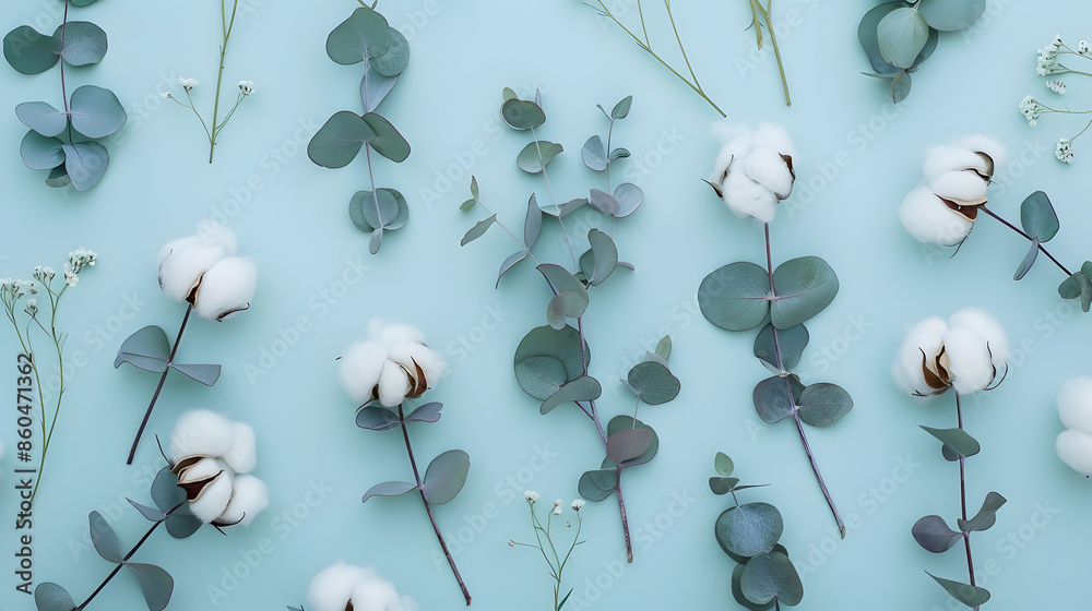 Poster flowers composition pattern made of cotton flowers and eucalyptus branches on pastel blue background