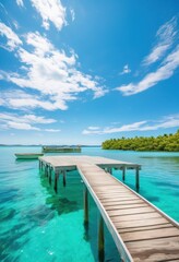 Obraz premium tranquil floating dock anchored crystal clear water, lake, calm, river, serene, pond, peaceful, ocean, beautiful, seascape, picturesque, idyllic, scenery,