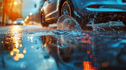 Rainy day car splashing water on the road, car wheels close-up. A close-up of raindrops and puddles in the background is blurred on a stormy night.