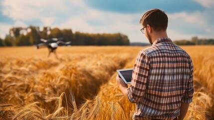 A farmer using a tablet to analyze data from a drone surveying a large wheat field. Industrial agriculture and smart farming drone
